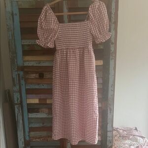 Pink Gingham Puff Sleeve Midi Dress